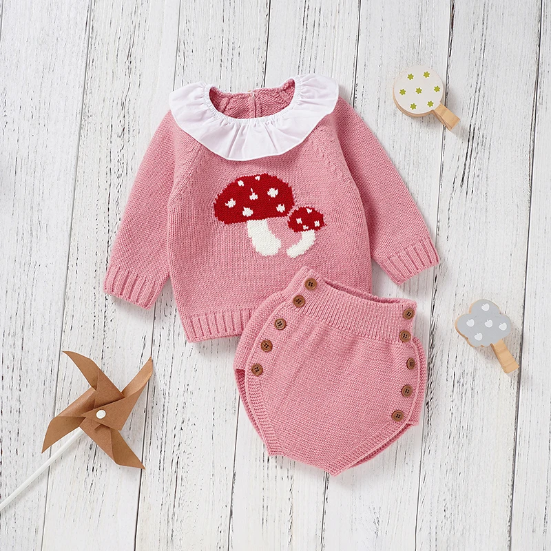 Baby Clothes Set Knitted Infant Girls Pullover +Pants Long Sleeve Autumn Newborn Solid Tops +Fashion Cute Mushroom 2pc Playsuit