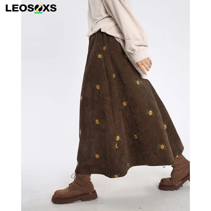 Vintage Corduroy Midi Skirts Women Floral Embroidery A Line Y2K Skirt Winter Streetwear Japanese High Waist Loose Casual Skirt
