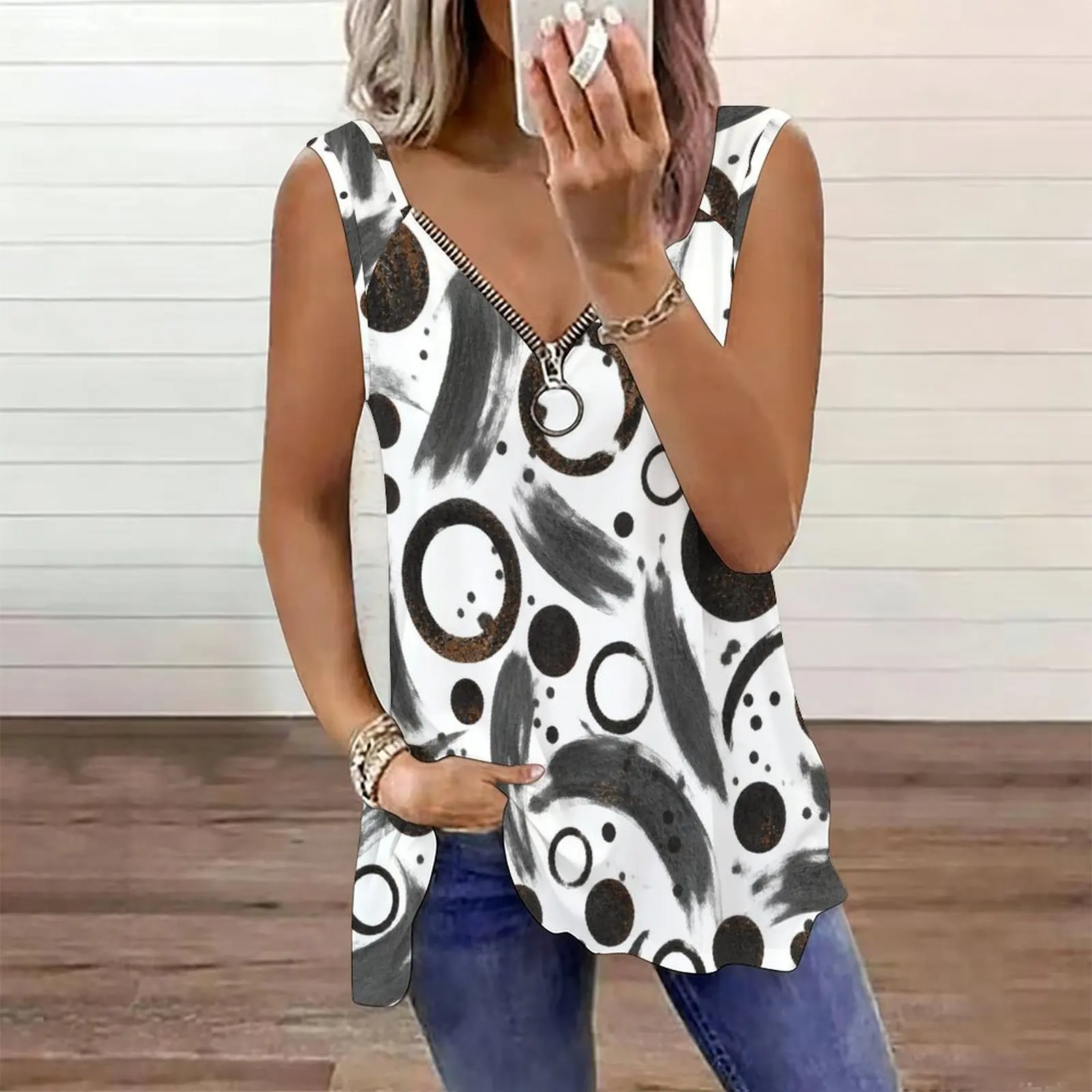 Women Abstract Circle Brushstroke Print Sleeveless V Neck Ring Zipper Tank Top
