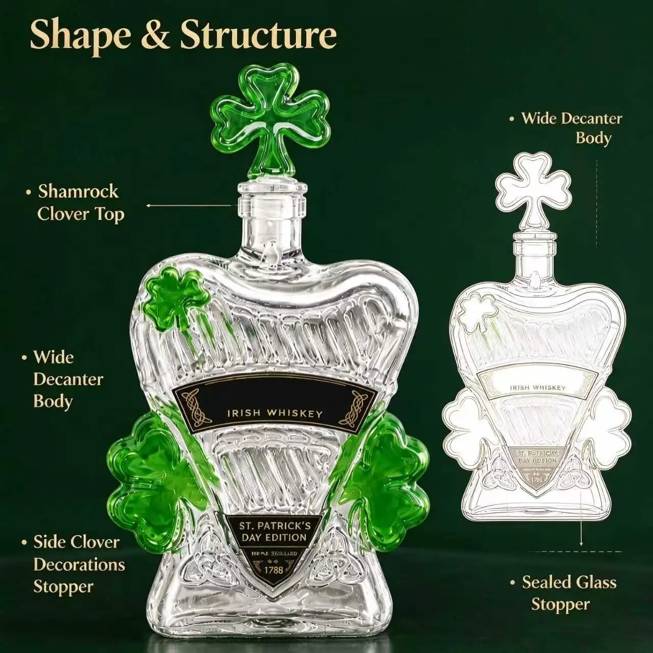 Shamrock Glass Whiskey Decanter, Irish Clover Liquor Bottle, Home Bar Decor, St. Patrick's Day Gift