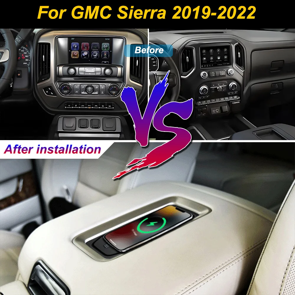 Carregador sem fio para celular, para GMC Sierra 2019 2020 2021 2022, com compartimento de armazenamento no console central, 18W, carregamento rápido 