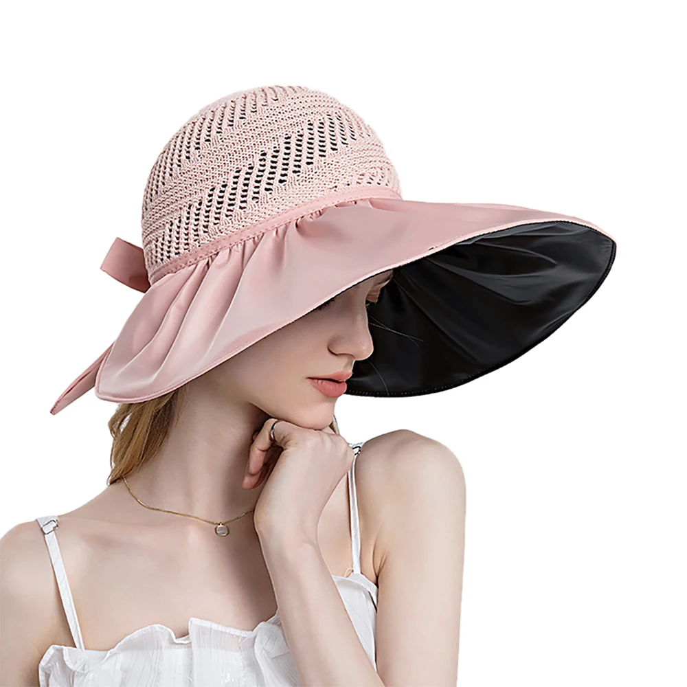 

Women Summer Elegant Bucket Hat with Bow-tie Lady Vinyl Sunscreen Beach Cap Breathable Outdoor Wide Brim Sun Protection Headgear