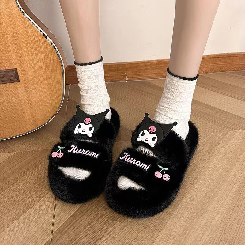 Sanrio Kuromi Plush Shoes Women Outdoor New Thick Sole Fuzzy Slippers Anti Slip Y2k Female Cartoon Korean Style Fashion Slippers