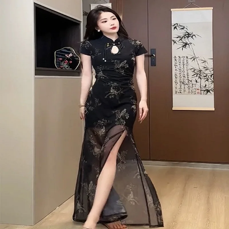 Cheongsam No. 28 evening dress, stand-up collar, disc-button high-end dress, new style waist slimming long dress