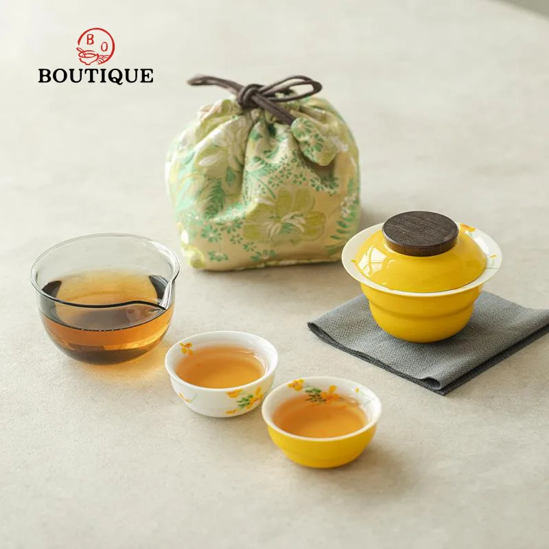 

Портативный чайный сервиз с ручной росписью под глазурью, цветной уличный керамический дорожный чайный сервиз, тканевый мешок, подарочный чайный сервиз кунг-фу, фарфоровая чашка