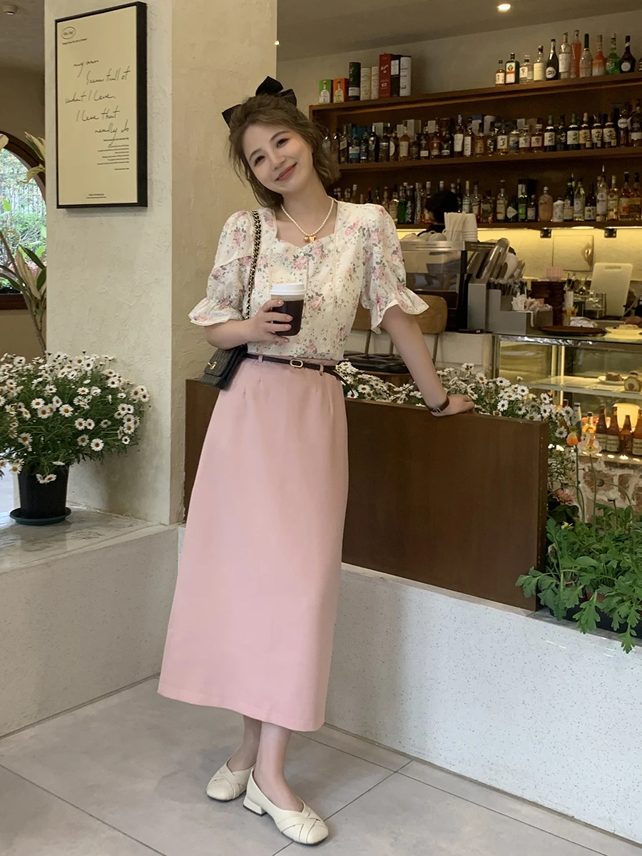 Falda Midi de Cintura Alta, Línea A, Recta, para Mujer, Primavera Verano, Adelgazante, con Abertura, Versátil, Larga