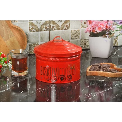 Yildiray Metal Lid Biscuit Cookies Bucket Snack Storage Container Red