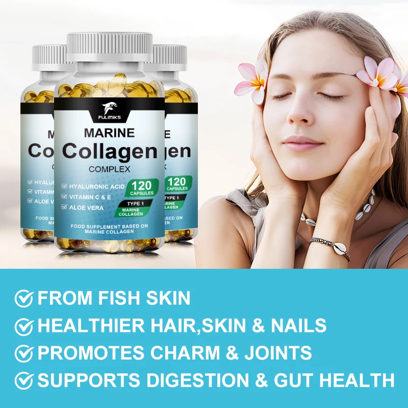 Marine Collagen Capsules – Hydrolyzed Fish Collagen Protein Supplement, Vitamin C, E, Hyaluronic Acid - Hair, Skin, Joint