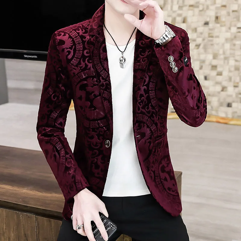 2024 New Mens golden velvet boutique fashion handsome casual hot gold trend autumn and winter suit coat with men small suit coat