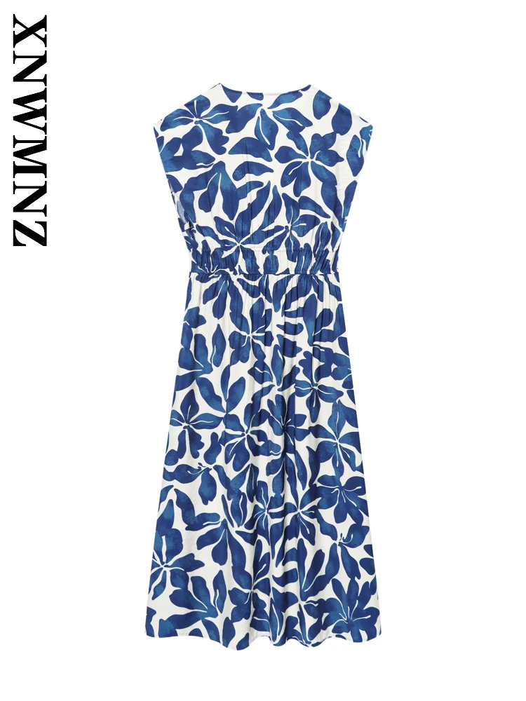 XNWMNZ 2025 Summer Women Clothing Holiday Chic V-Collar Sleeveless midi Dress boho Fashion Woman wrinkle Floral Dresses