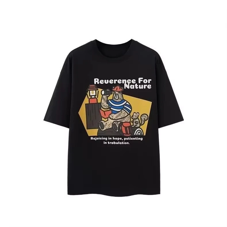

Premium Black Graphic Tee Cartoon Bear with Striped Shirt and Mouse Companion Featuring Reverence for Nature Slogan