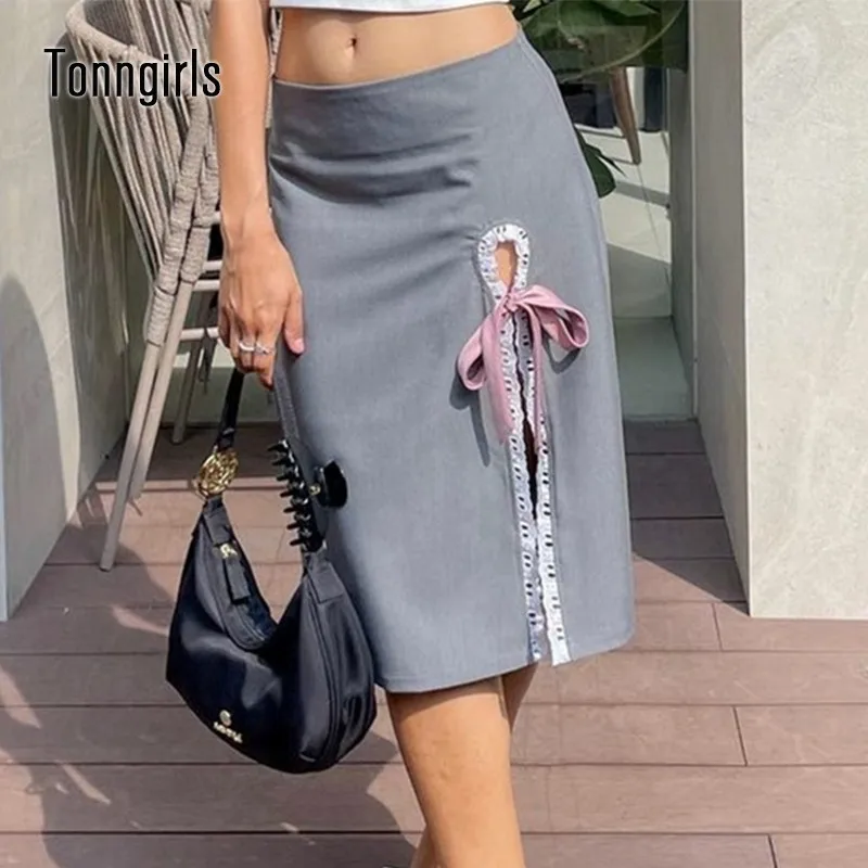 

Tonngirls Korean Syle High Waist Skirt Women Lace Up Patchwork Y2k Vintage Skirts Streetwear A-line Elegant Skirt Split Summer
