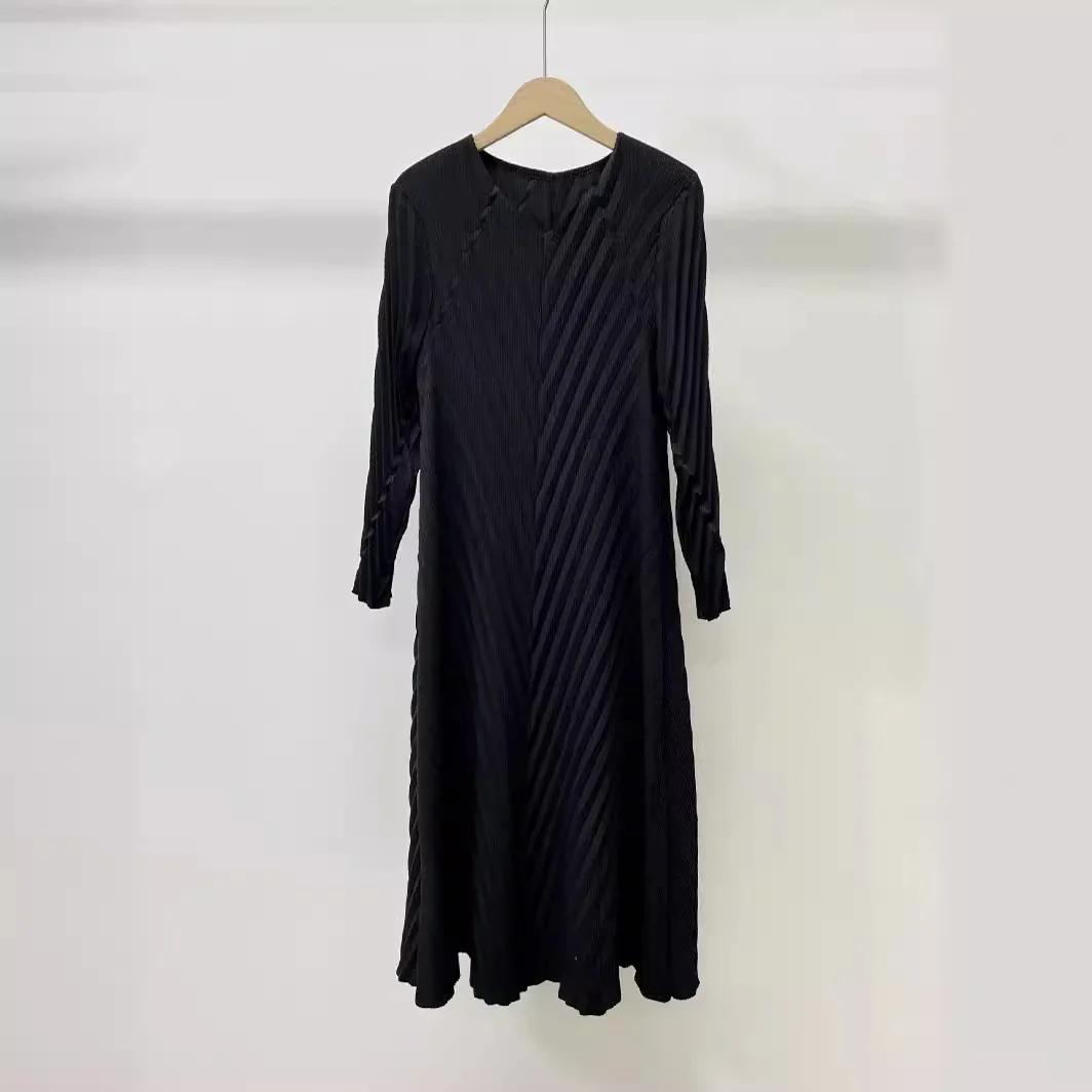 Pleats Original Dress Casual Diamond Pleated Solid Mature Long-sleeved Elegant Dress Women Long Dress Temperament Commuter Skirt