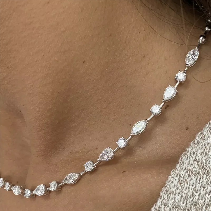 8.7CTW Pear Round Marquise Cut HPHT Lab‑Grown Diamond Tennis Necklace DEF Color VS‑VVS Clarity Solid 14K Yellow Gold Half‑Diamond Fine Wedding Bridal Jewelry Gift For Women