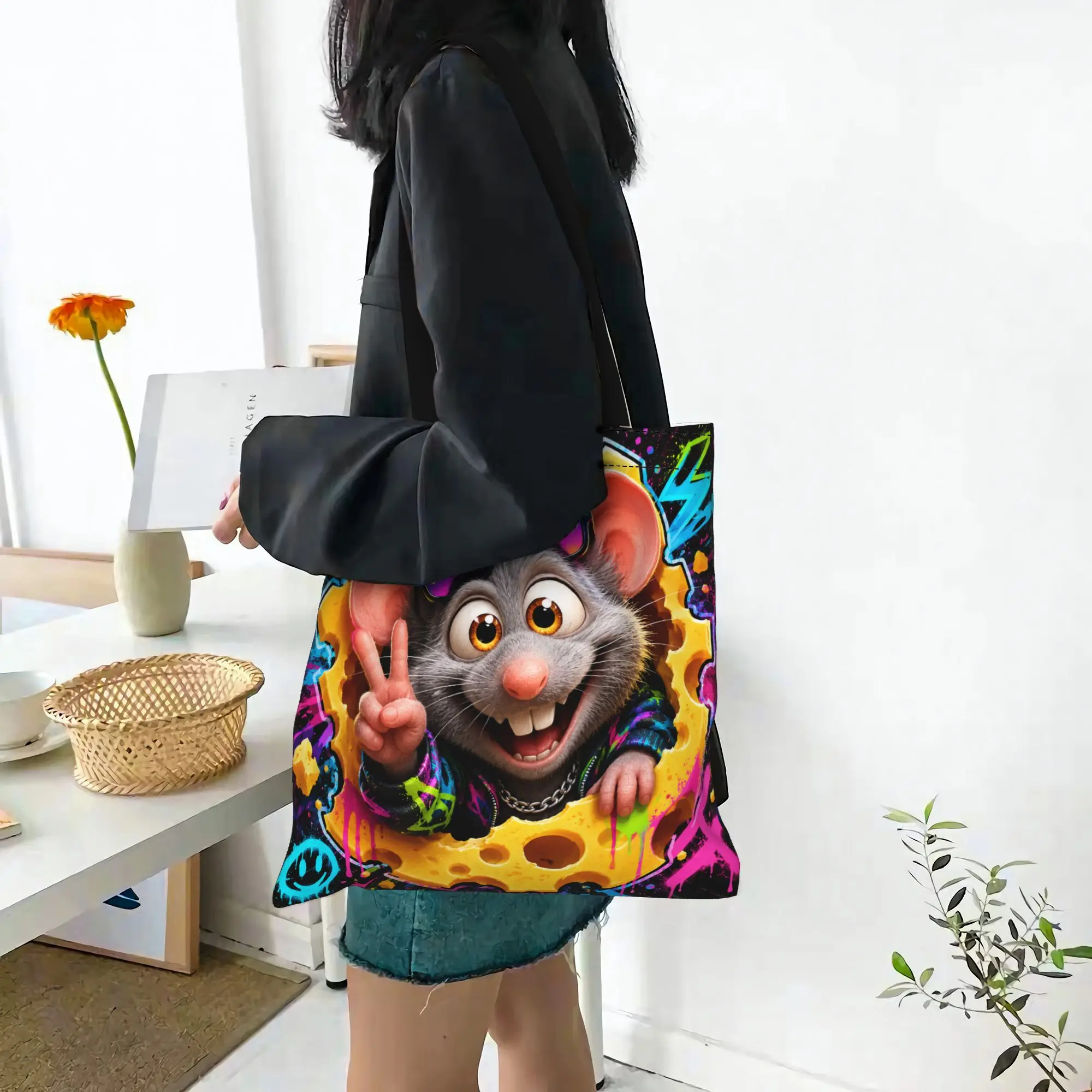 Customized Cute hamster theme Women's Bag Shopping Bag Reusable Double Sided Canvas Tote Bag Shoulder  Handbag Its bags