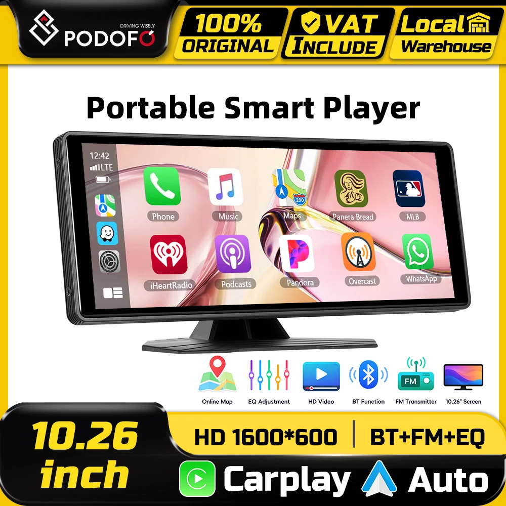 Podofo 10,26 Zoll Dashboard-Automonitor, tragbarer Smart-Screen-Player, unterstützt kabelloses CarPlay, Android Auto, Dashboard-Auto-DVR-Videorekorder, BT, FM, EQ