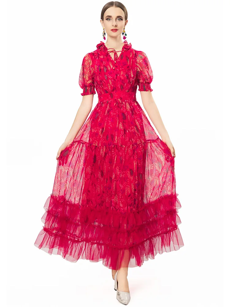 

JUNLINNA Women Summer Runway Dress V Neck Bandage Appliques Flower Party Holiday Printing Vestidos Mesh Ruffles Expansion