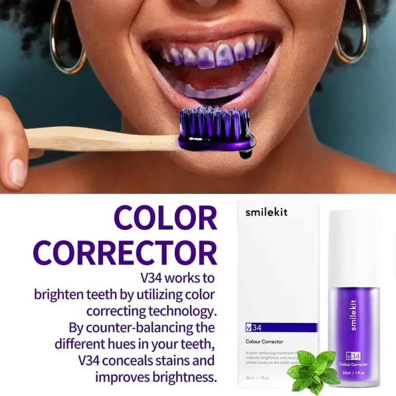 Dentifrice violet SmileKit V34, élimine le tartre, hygiène buccale propre, haleine fraîche, blanchissant, produits de soins des dents, 30ml, 2024