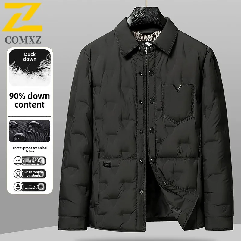 COMXZ Mens Down Jacket Premium Lapel Business Casual Ultra Light Puffer Coat Single Breasted Design Comfort Warm Winter Jackets