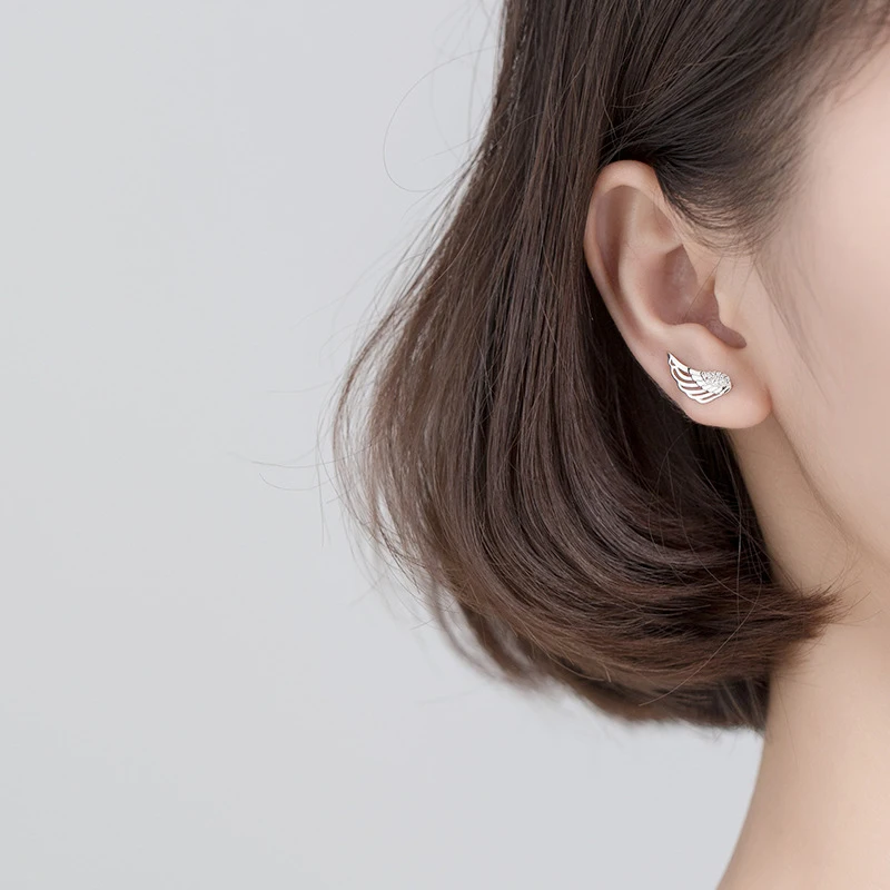 Modian Trendy Feathers Stud Earrings for Women Genuine 925 Sterling Silver Shiny CZ Angel Wings Asymmetry Ear Pin Fine Jewelry