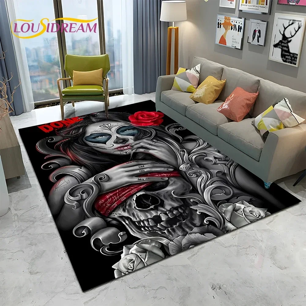 Tapis de sol antidérapant pour la maison, le salon, la chambre, le canapé, le paillasson, motif crâne gothique féminin, fille morte, décoration, tapis pour enfants