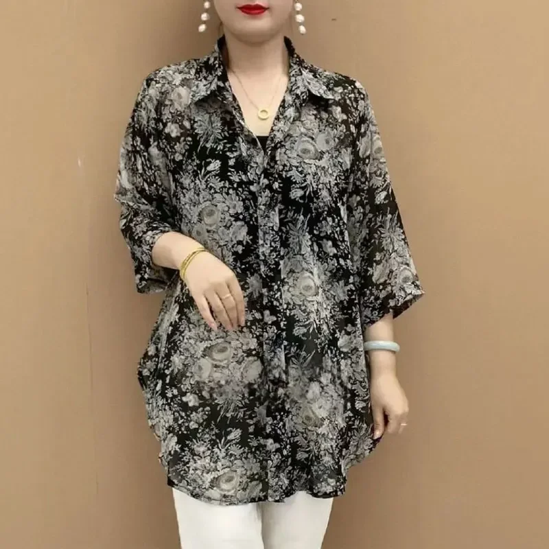 Stylish Vintage Printed Shirt Leopard Female Clothing Casual Loose Spring Summer 3/4 Sleeve Commute Single-breasted Blouse E3435