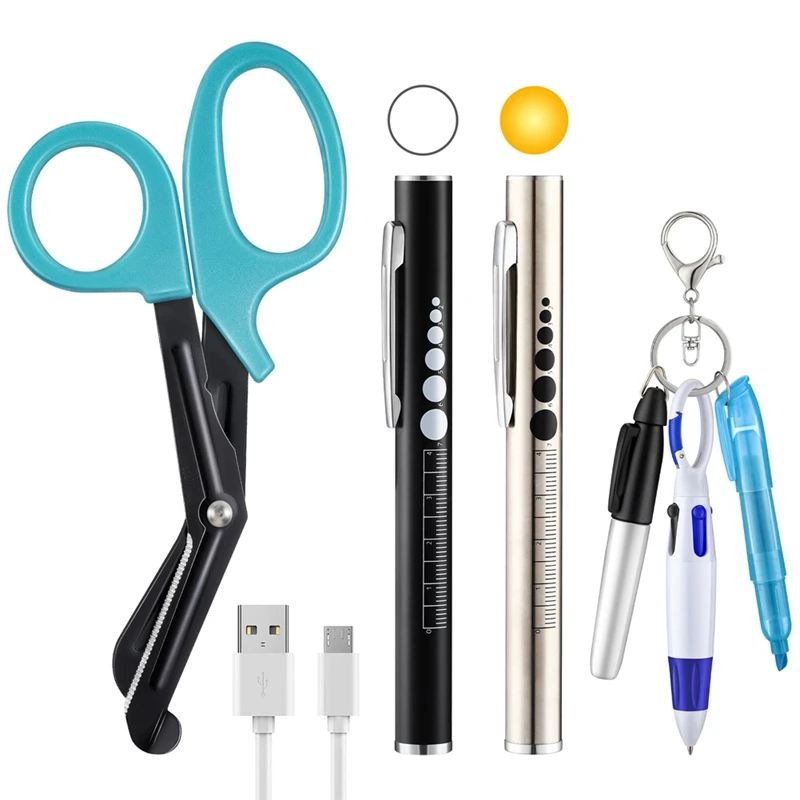 Nurse Tool Set Rechargeable Pen Light With Two LED Light Sources And Pupillometer, 6 Inch With Scissors And Highlighter