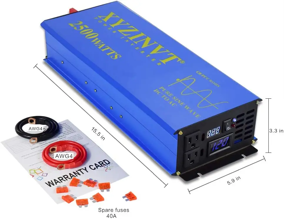 Blue Shell 2500W 24V 220V Pure Sine Wave Solar Inverter Converter Power Supply Battery 12V/36V/48V DC to 110V/120V/230V/240V AC