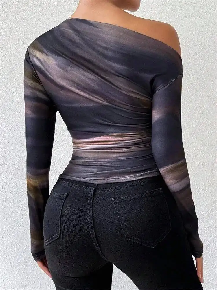

Футболка с длинным рукавом на одно плечо Tie Dye, весенне-осенняя облегающая элегантная сексуальная футболка, уличная одежда Y K
