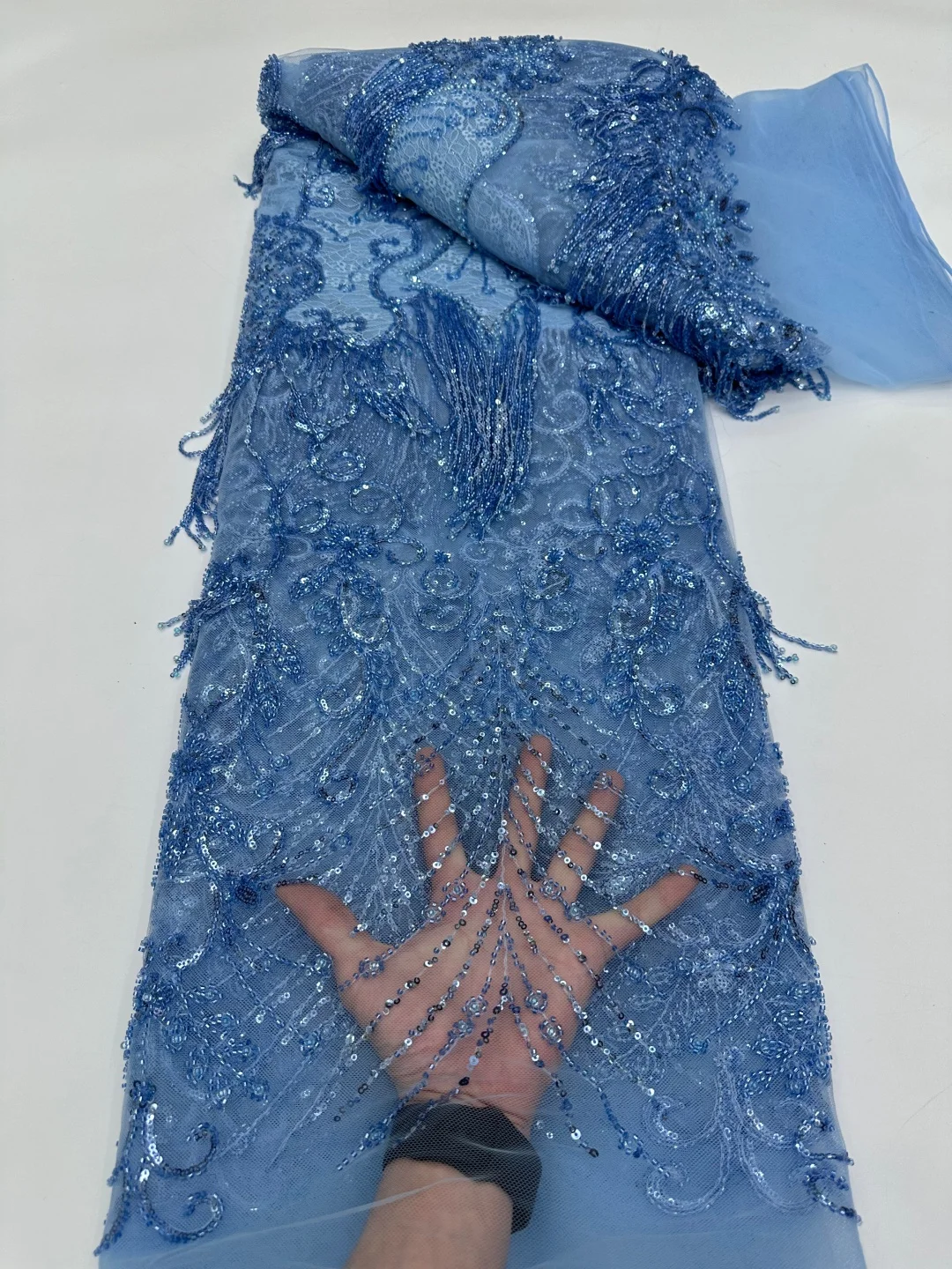 African 3D Tulle Beaded Tassels Lace Fabric 5 Yards of Premium French-Style Nigerian Sequined Lace Suitable for Sewing Garments