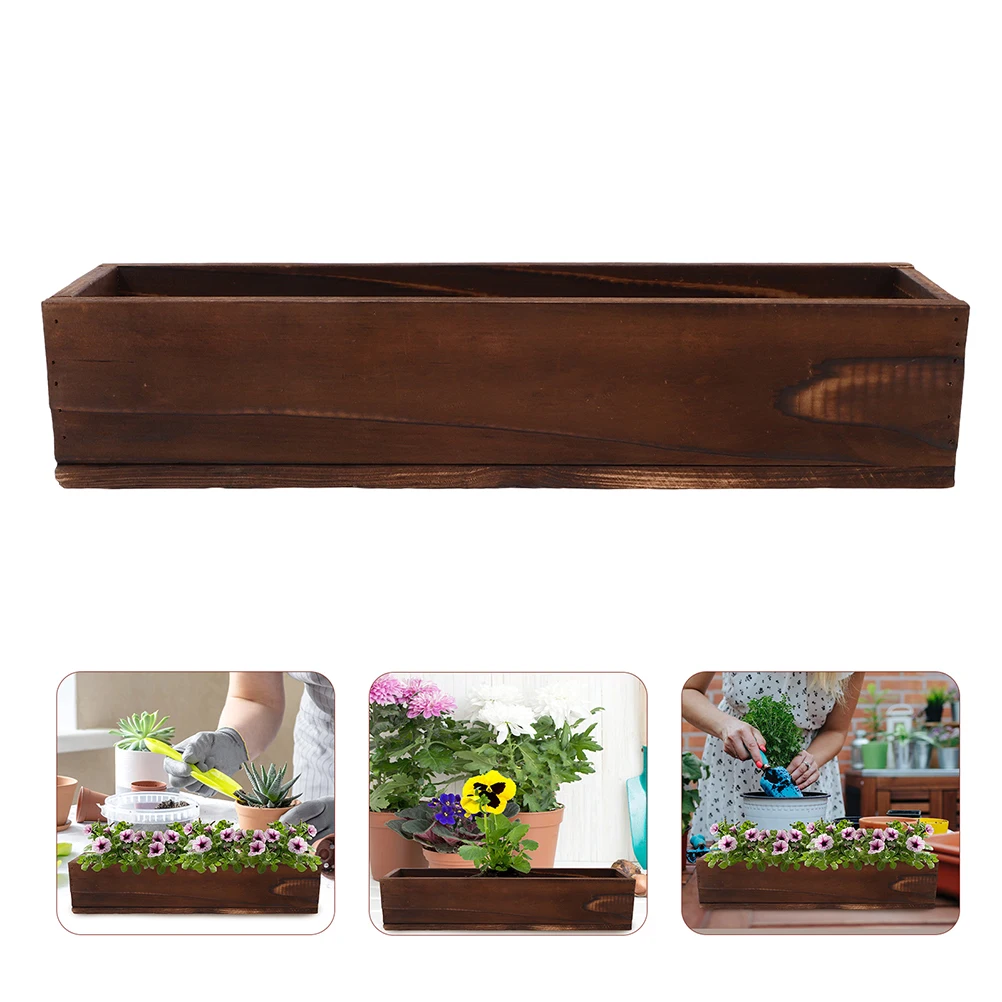 

Wooden Flower Pot Rectangle Planter Durable Dark Brown Succulent Bonsai Gardening Boxes Planters Window