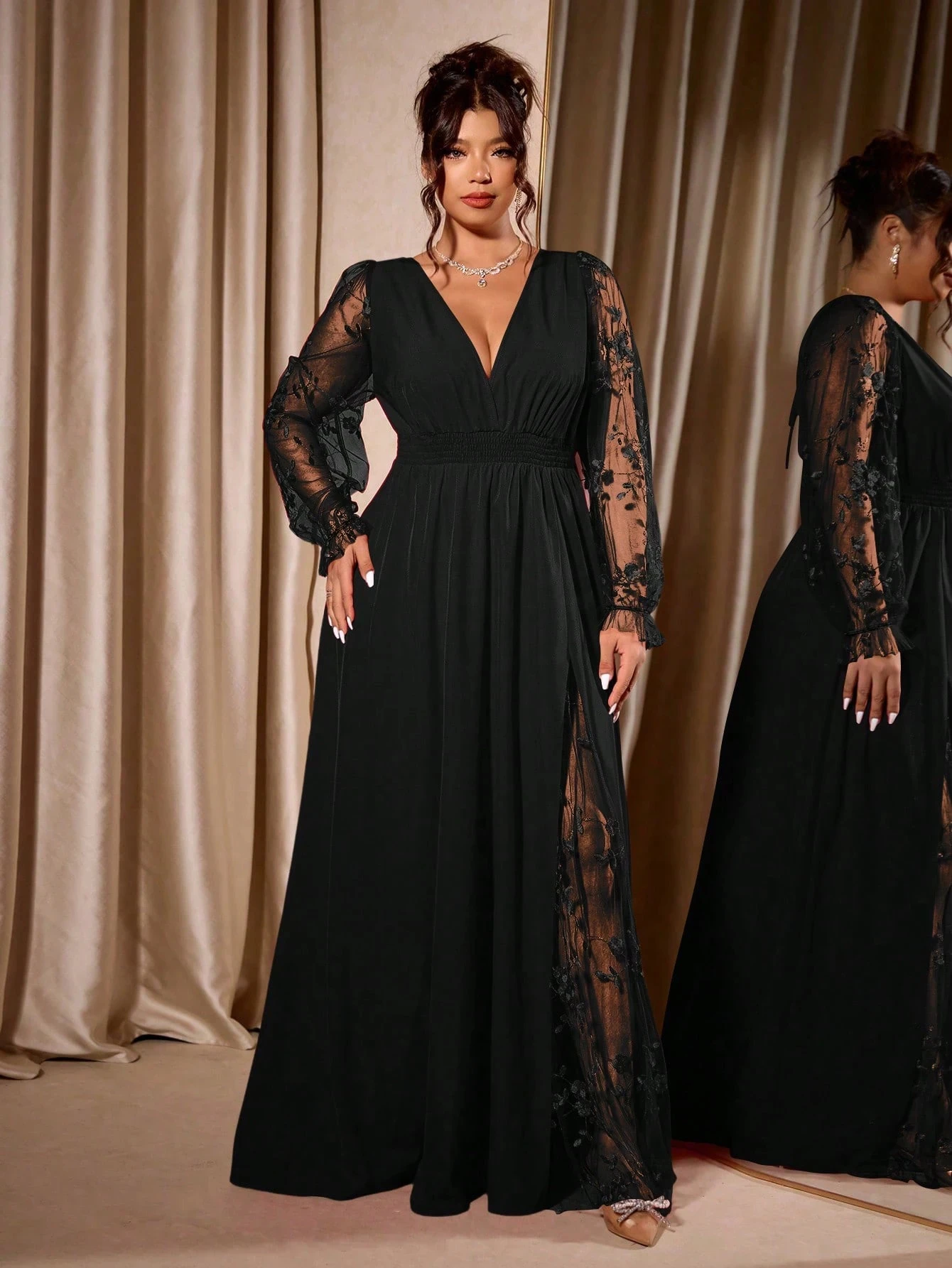 Plus Size Women Evening Dress Long Sleeve Lace Patchwork Gown Backless Maxi Dress for Wedding Guest Prom Formal Party
