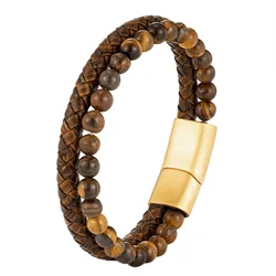 Trendy Genuine Leather Cuff Bangle Stainless Steel Gold Plated Tiger Eye Beaded Bracelets Retro Jewelry for Men Gift