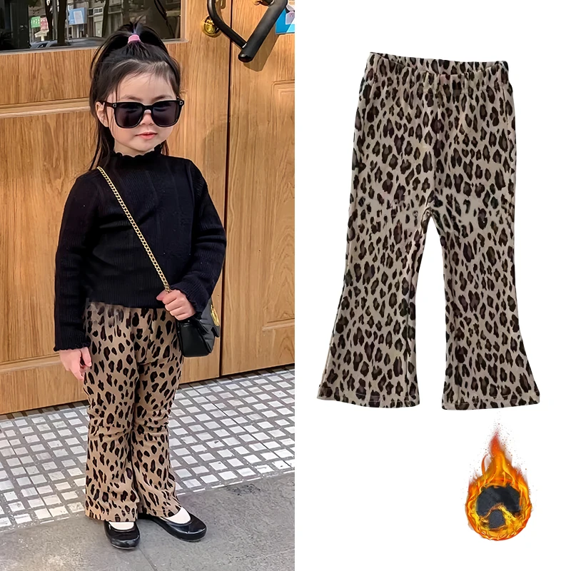 Leopard Infant Girls Pants Toddler Kid Baby Girl Clothes Autumn Winter Warm Flares Pants Childrens Bottoms Fashion Trousers 1-7Y