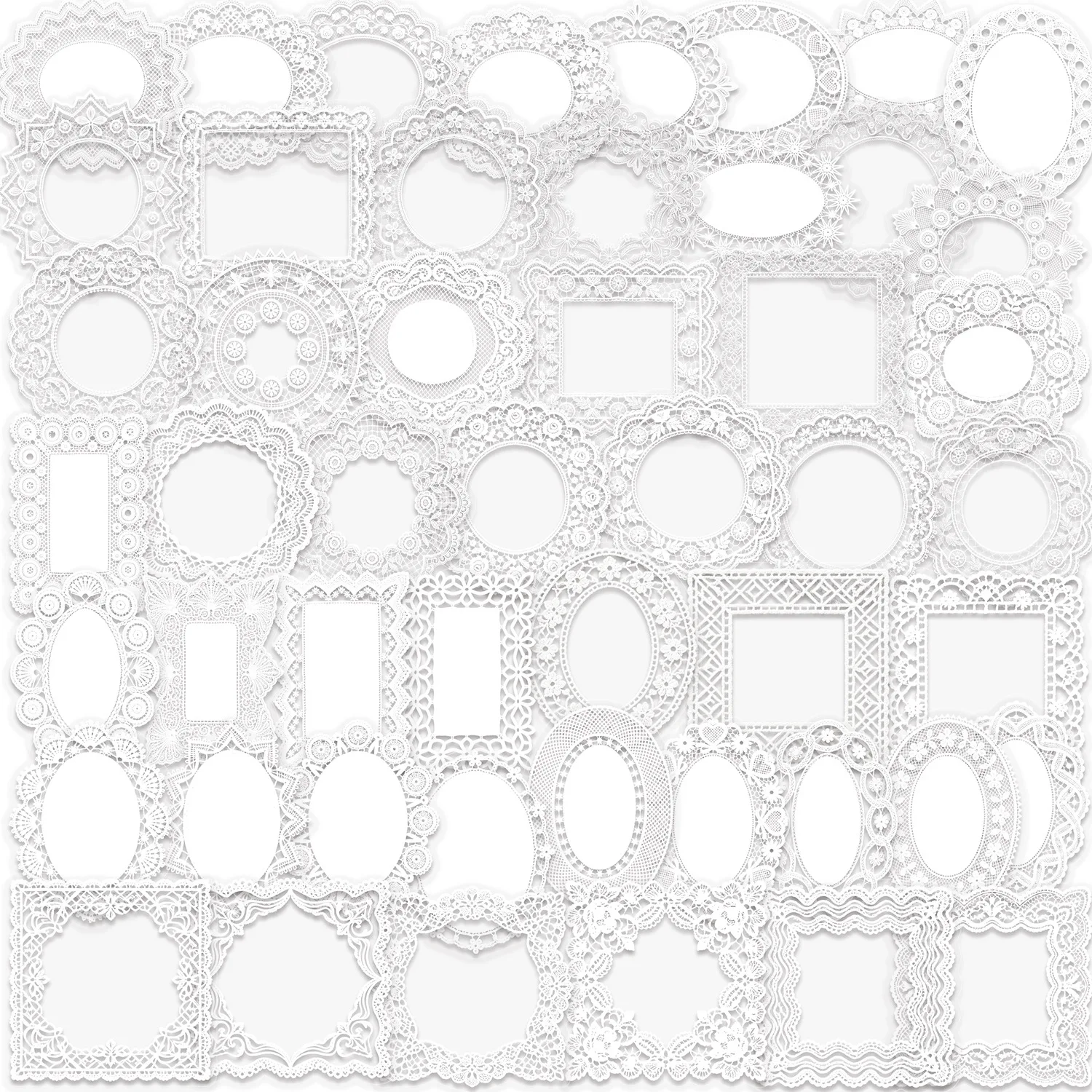 50Pcs/Set White Lace Frame Stickers PET Waterproof Vintage Classic Edge Decals for DIY Scrapbooking Wedding Gift Wrapping