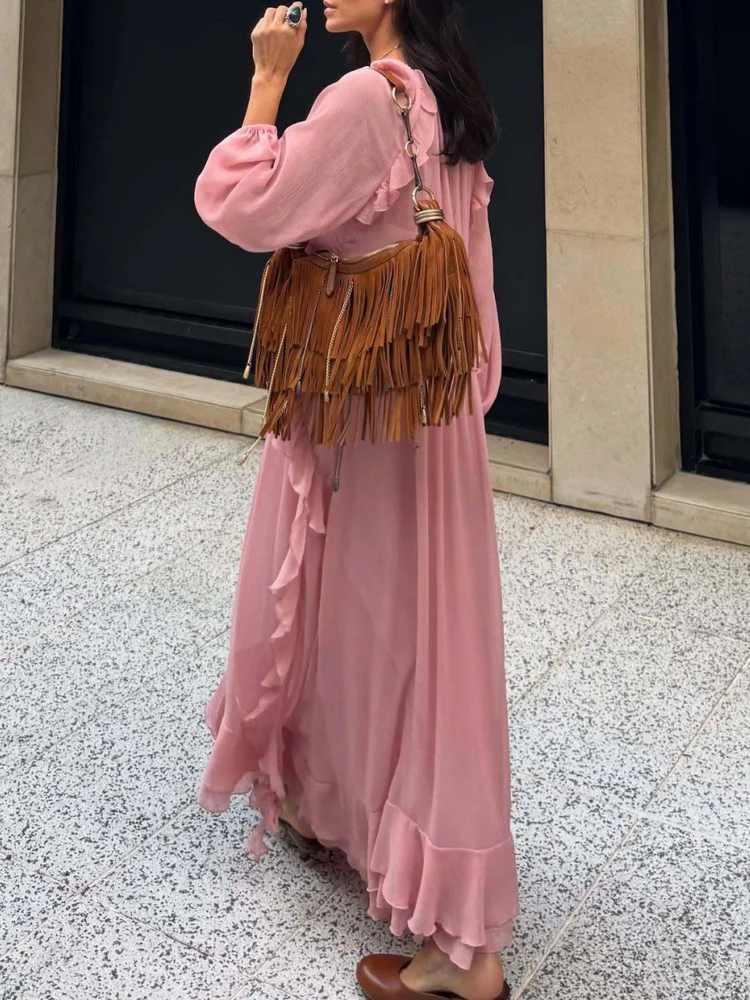 2025 novas mulheres elegante maxi longo rosa chiffon babados em camadas vestido senhora chique com decote em v lanterna manga solta em camadas vestidos robes