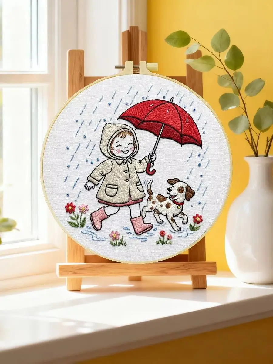 1 Stück 20X20CM/15X15CM 7,87/6,3 Zoll Das glückliche Mädchen im Regen Stickerei-Starter-Kit DIY-Kit DIY-Stickerei-Kit Handarbeiten – Detail 6