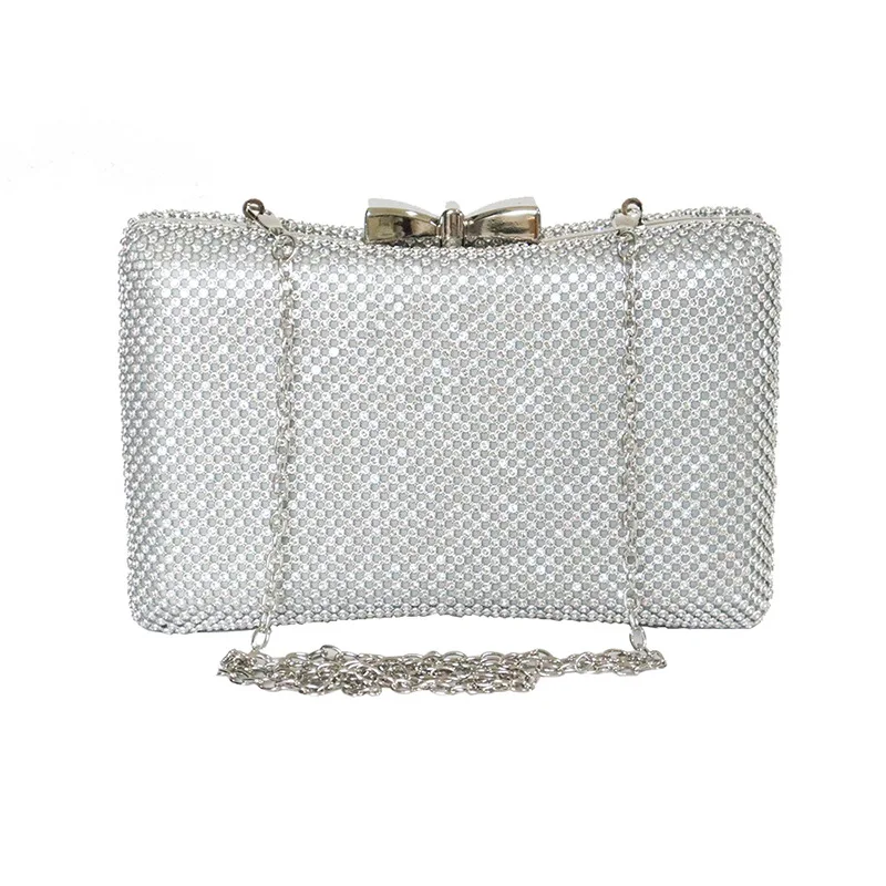 New Rhinestone Evening Bag for Women Mesh Diamond Purse Bow Tie Shape Party Handbags Banquet Clutch Silver Chain Shoulder Bags