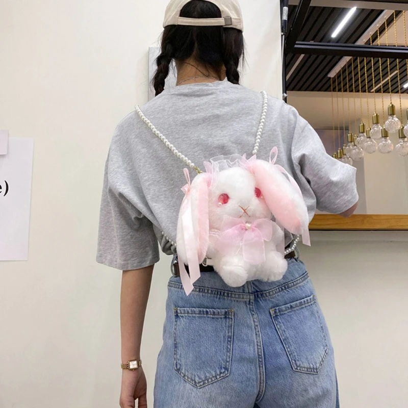 Lolita Rabbit Shaped Shoulder Bags for Women Plush Lace for Doll Crossbody Purses Soft Messenger Bag with Beaded Strap