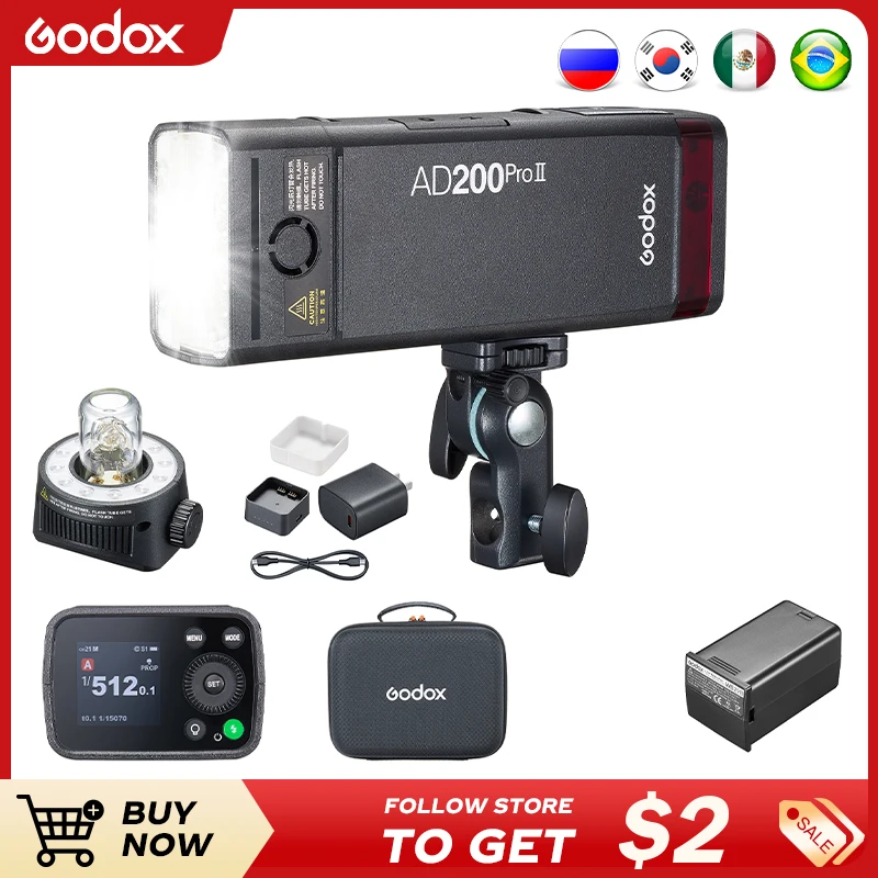 Godox AD200ProII TTL 2.4G กล้องไร้สาย Pocket light-duty Flash เข้ากันได้กับ Nikon Canon Sony Fuji Olympus
