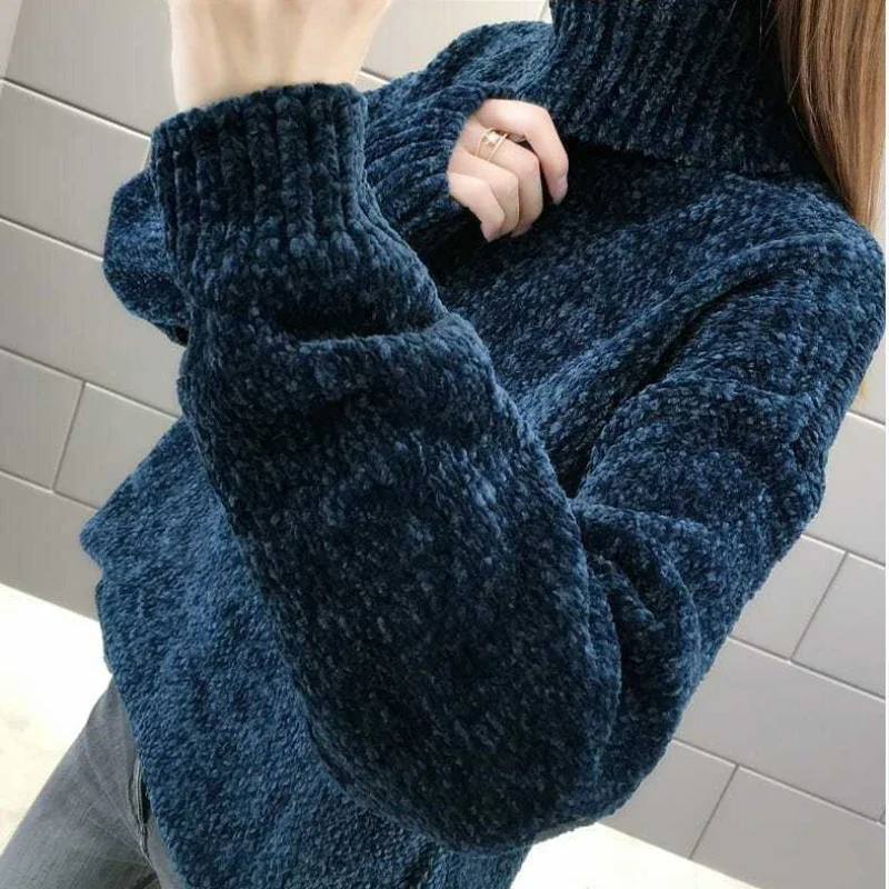 Suéter feminino de gola alta de chenille, estilo coreano, monocromático, pulôver grosso, solto, estilo preguiçoso, outono, inverno