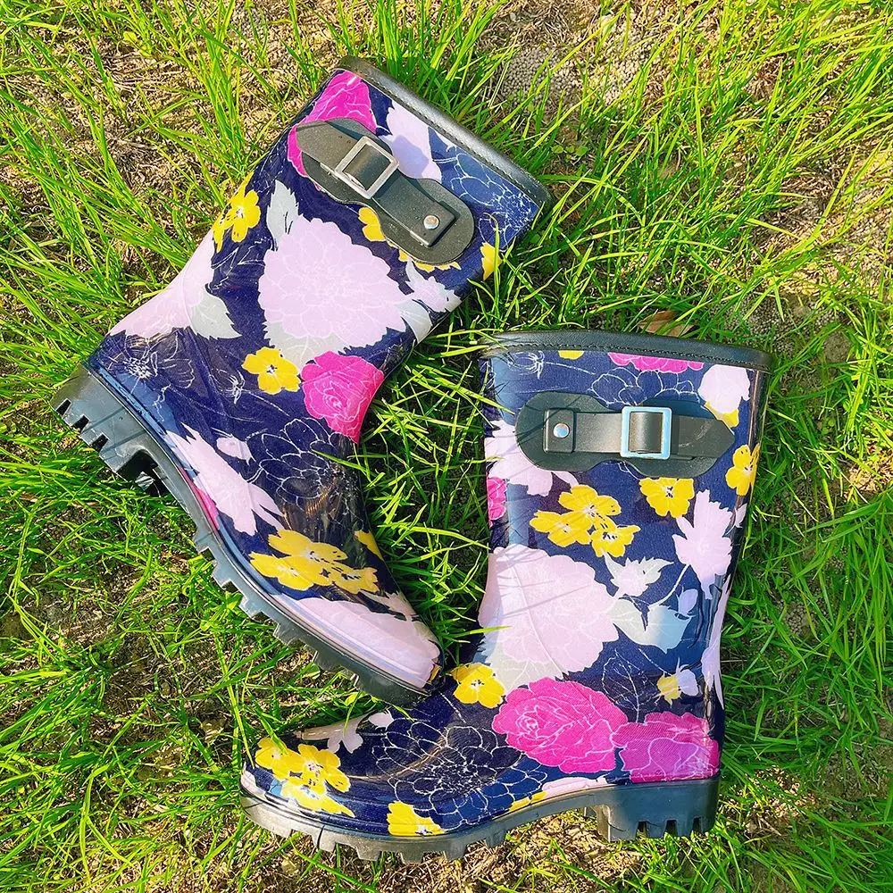 Brand New Waterproof Non-slip Mid-Calf Rain Boots Women Printed Work Water Boots Female Garden Rain Shoes