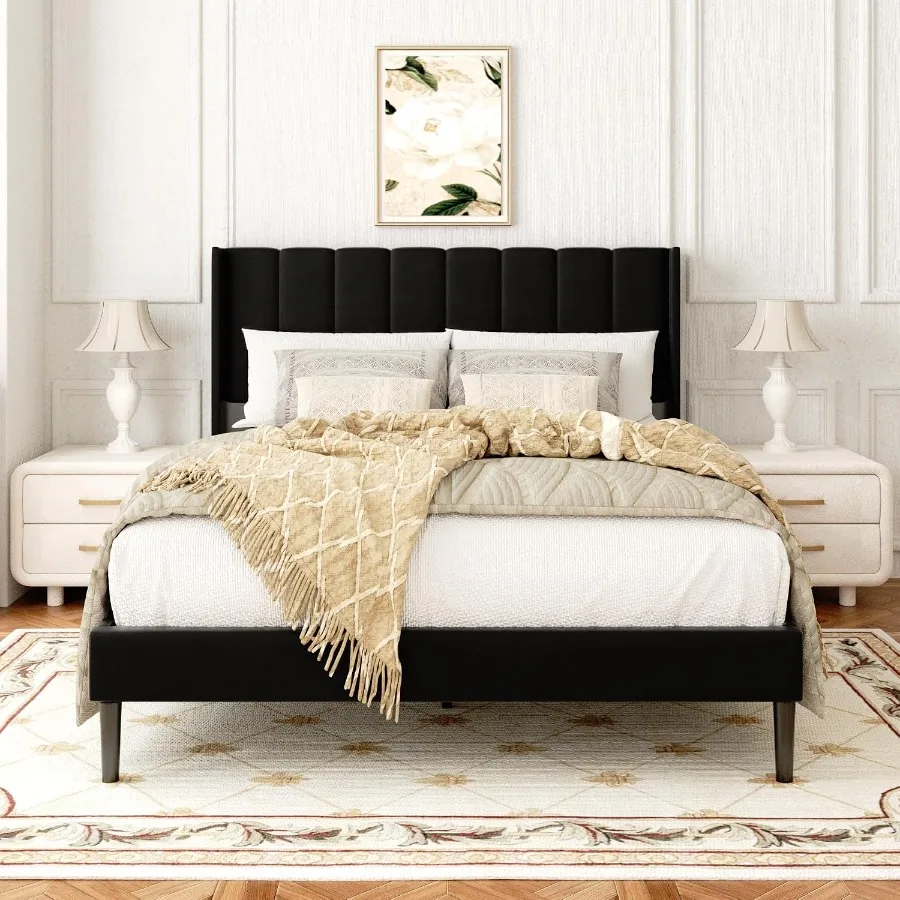 Queen Size Velvet Bed Frame with Vertical Chanel Tufted Headboard and Wingback, Upholstered Platform Bed, Strong Wooden Slats, - view 6