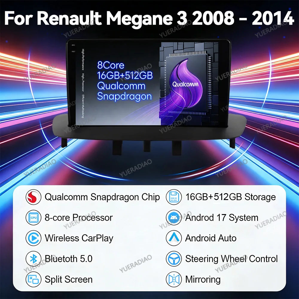 Android 17 Car Radio For Renault Megane 3 Fluence Samsung SM3 2008 - 2014 Multimedia Video Player Qualcomm GPS NAVI BT 2DIN QLED