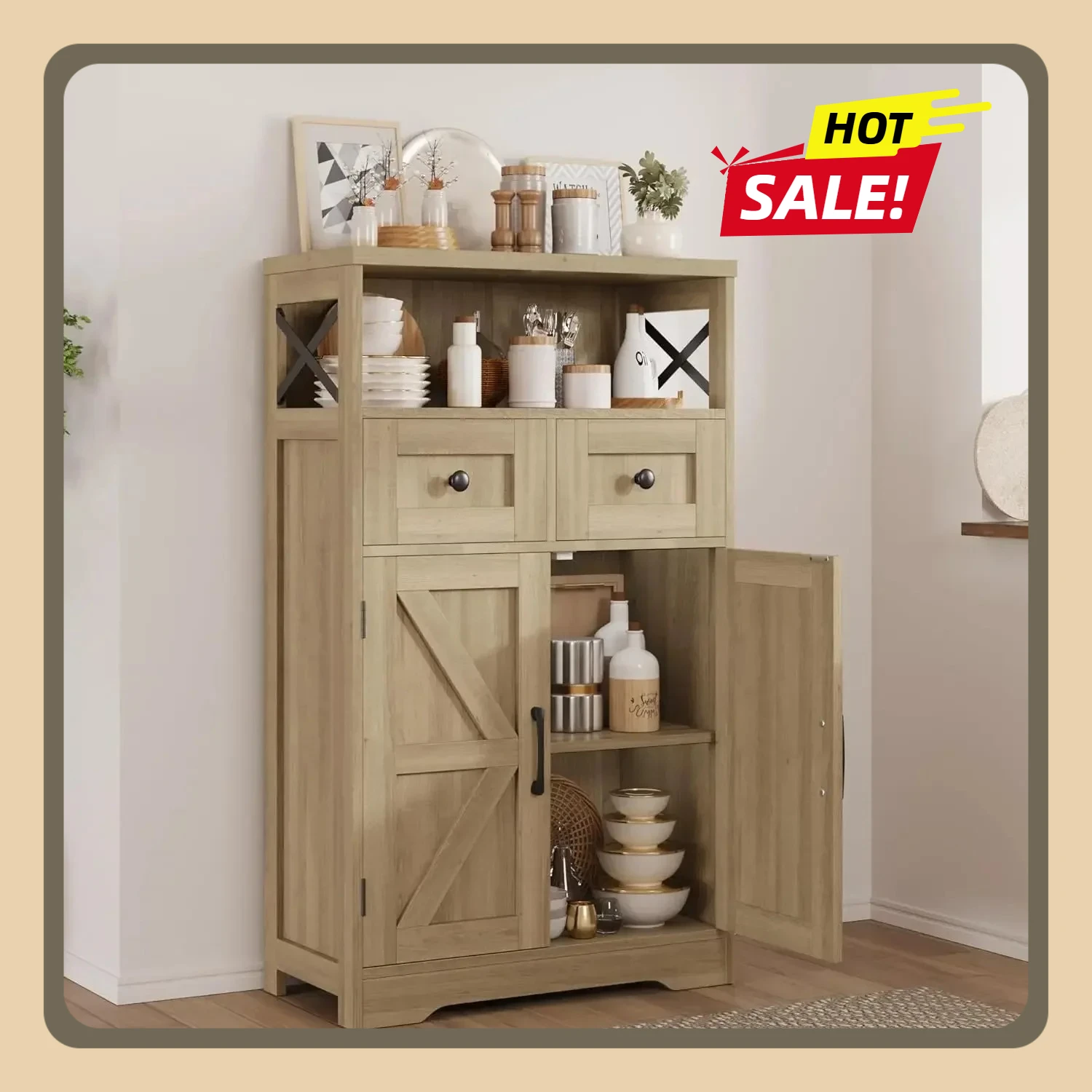 

Natural Style Storage Cabinet, Standing Kitchen Pantry Cabinet, Floor Storage Cabinet Hutch Cupboard with Drawers and Shelves