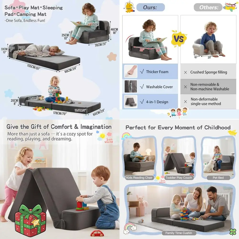 

Children's Foldable Sofa Bed with Removable Cover, Toddler Couch Bed, Futon Sleeper Chair, Grey