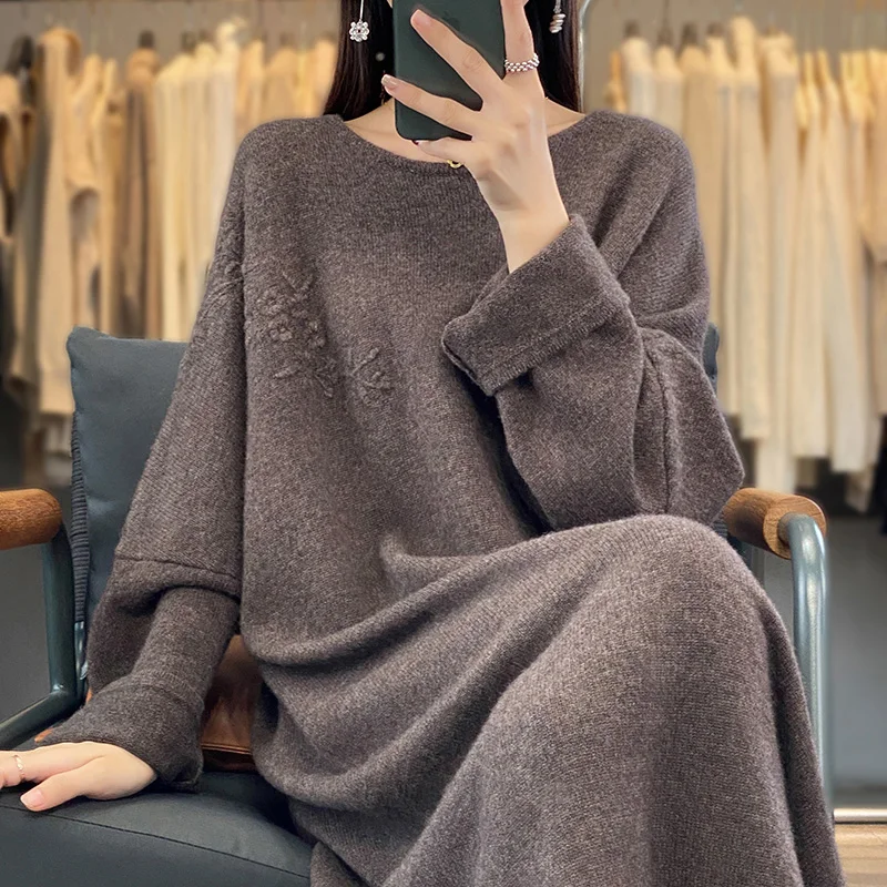 Oversize Clothing For Women Free Shipping 100% Cashmere And Wool Dresses Long V-neck Jumpers 2023 Winter Lady Pullovers NJ01