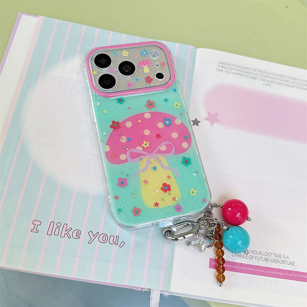 Ins Korean Cute Dopamine Flower Star Bow Phone Case for iPhone 17 16 15 Pro Max Shockproof Back Cover Mushroom Bead Pendant