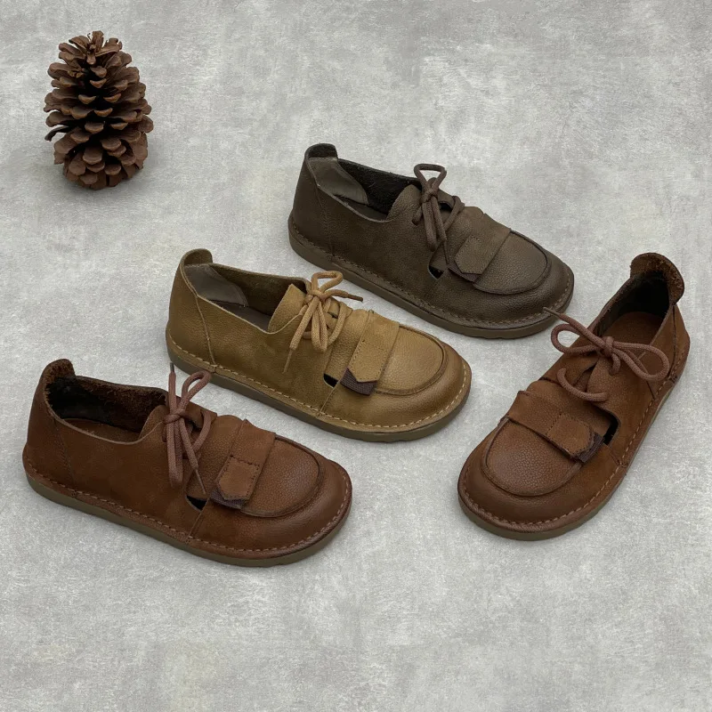 

GKTINOO Винтажные женские туфли ручной работы из натуральной кожи, новинка весны 2026, с круглым носком, на шнуровке, из воловьей кожи, на плоской подошве