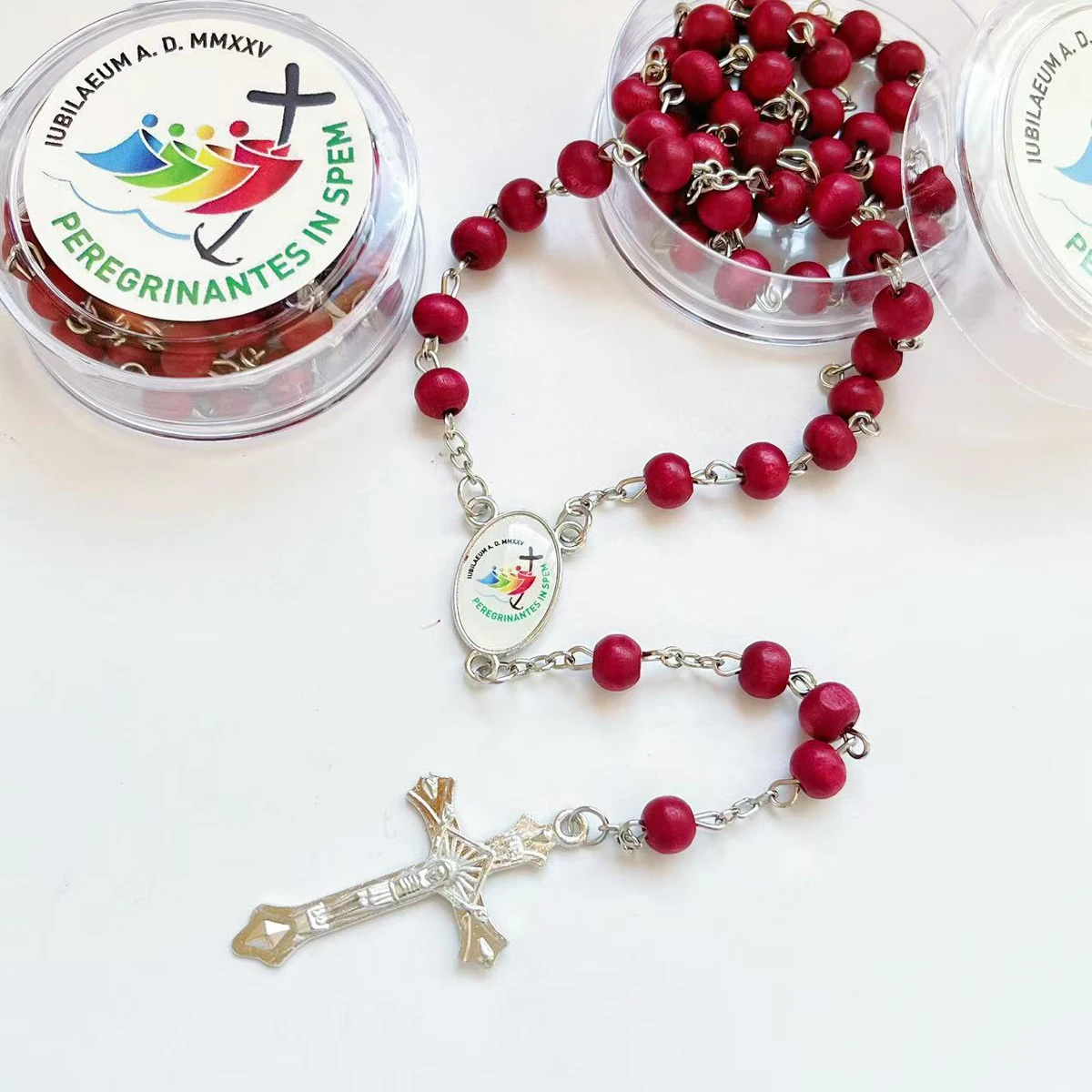 Rosary  of 2025 Jubilee,  Party Favor Catholic Gifts with Box Rosary Beads Necklace for  New Year  Communion Party(Red,Holy)